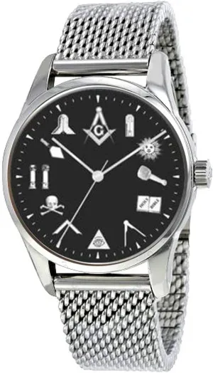 The Classic Masonic Emblem Black Dial Watch Has Adjustable Stainless Steel Mesh Band