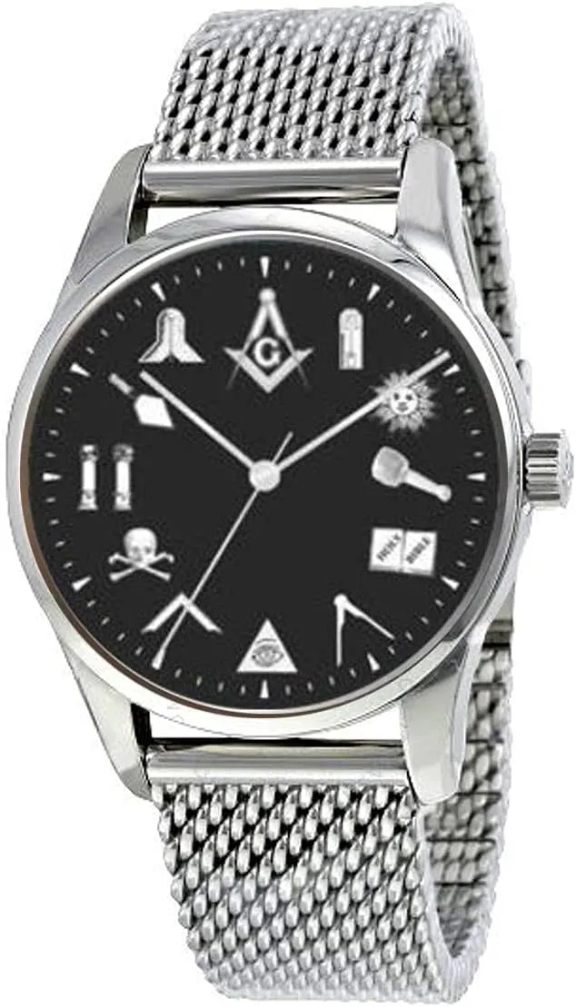 The Classic Masonic Emblem Black Dial Watch Has Adjustable Stainless Steel Mesh Band