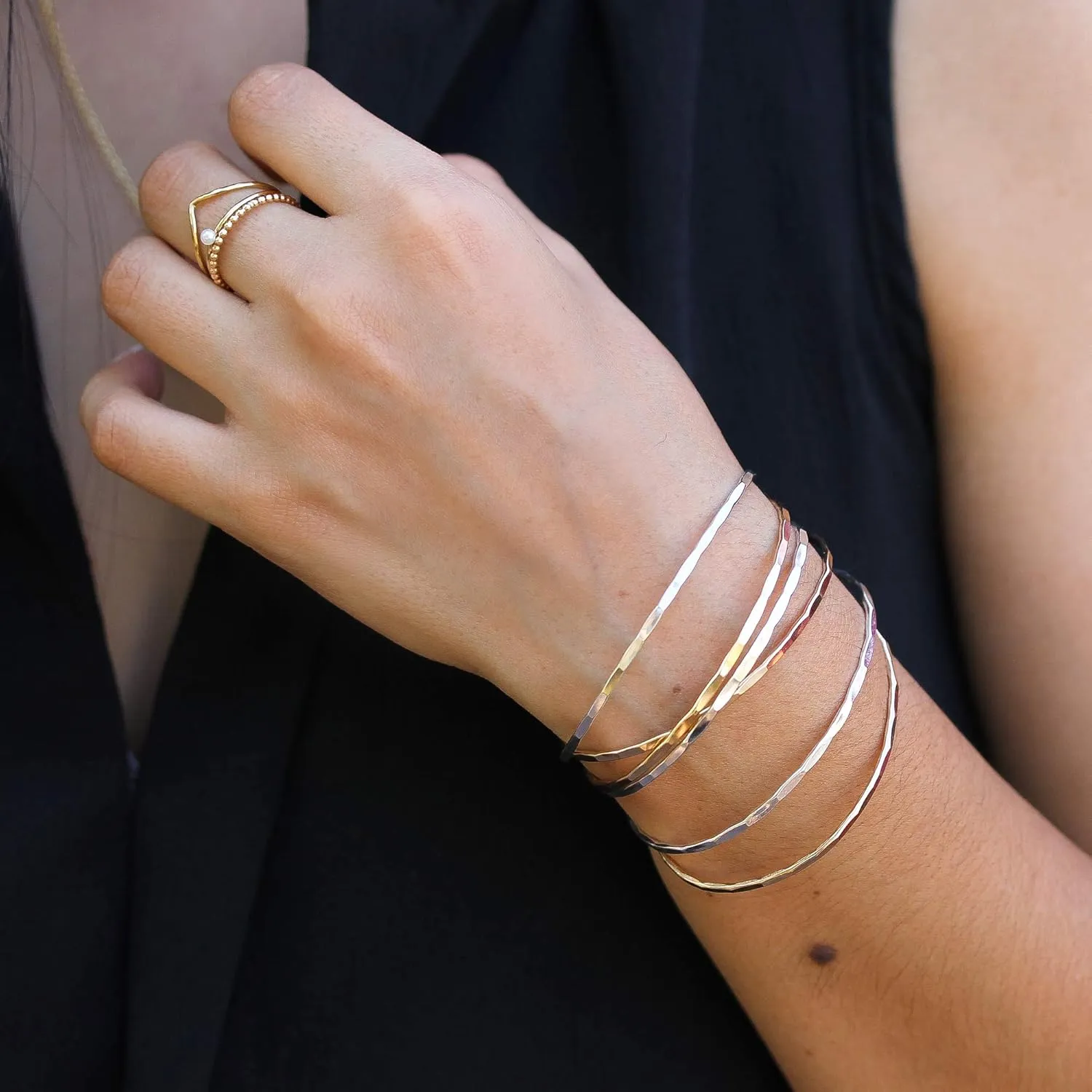 Thin Hammered Cuff in Solid Sterling Silver; Delicate Handmade Stacking Bracelet for Women by Lotus Stone Jewelry (Small, Silver)