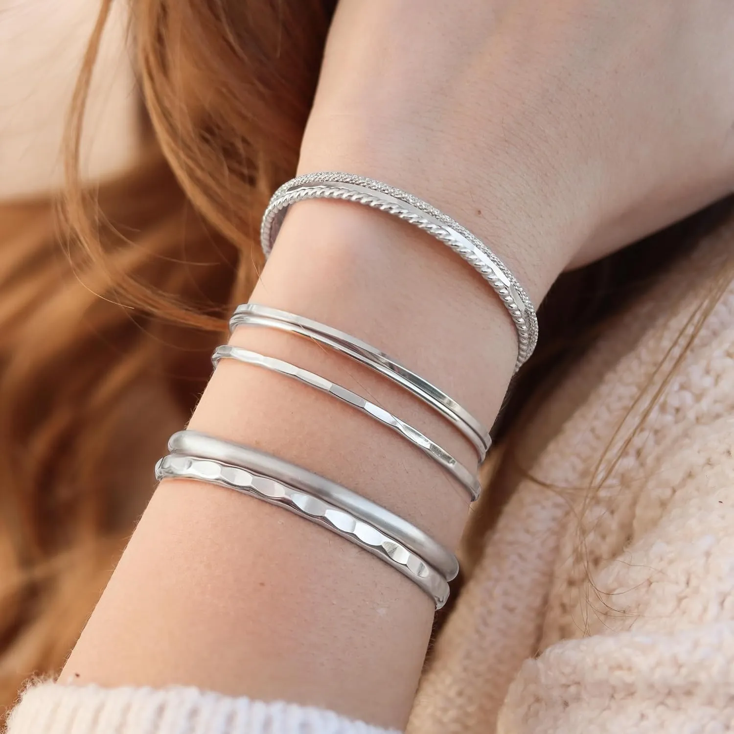 Thin Hammered Cuff in Solid Sterling Silver; Delicate Handmade Stacking Bracelet for Women by Lotus Stone Jewelry (Small, Silver)