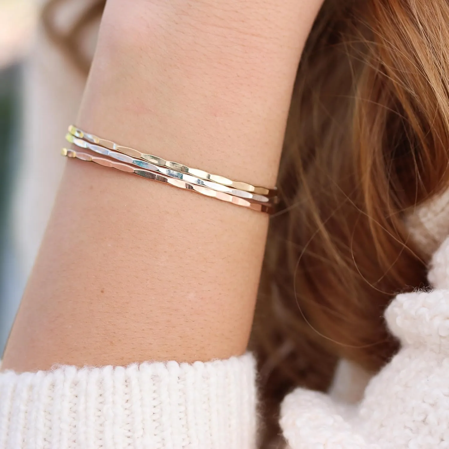Thin Hammered Cuff in Solid Sterling Silver; Delicate Handmade Stacking Bracelet for Women by Lotus Stone Jewelry (Small, Silver)