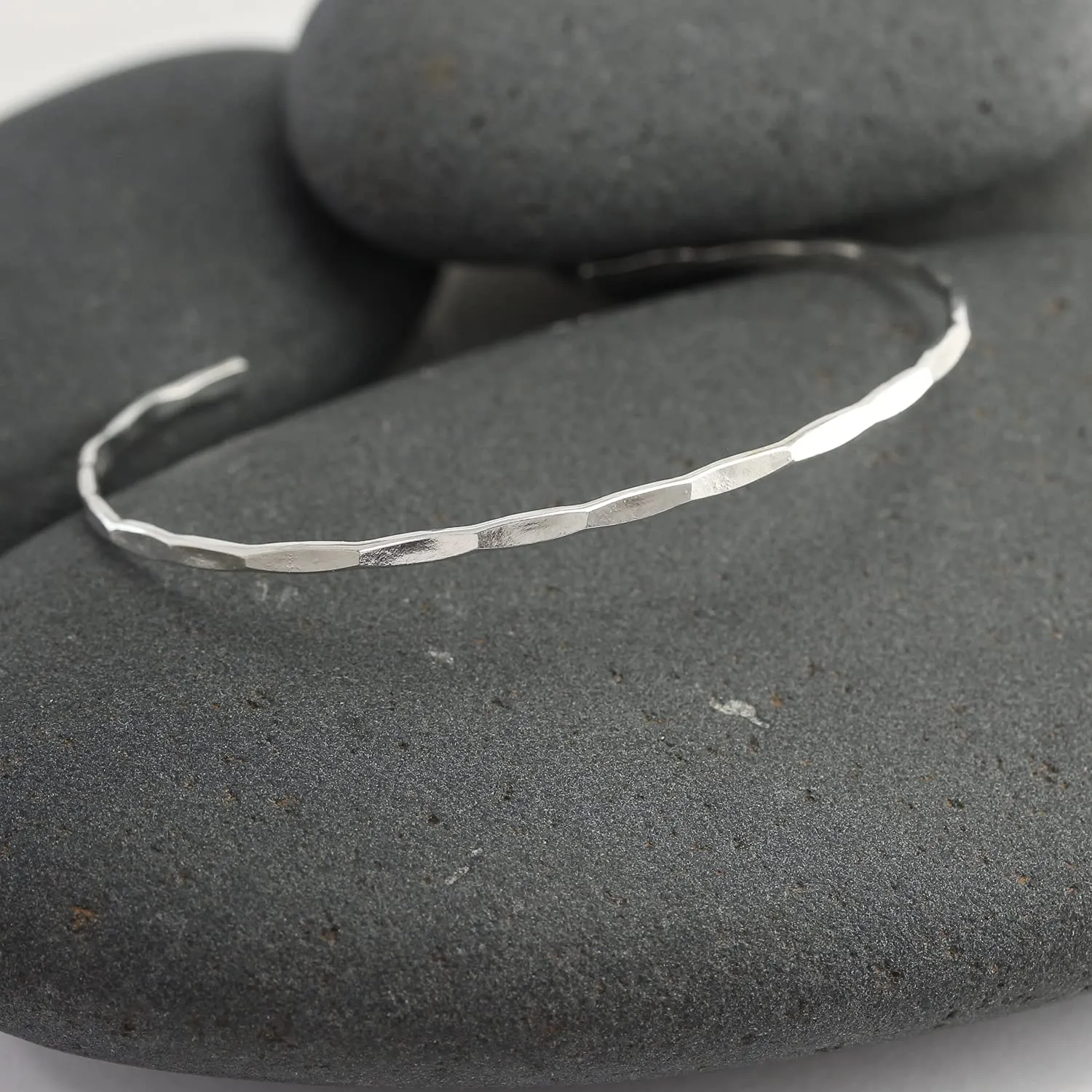 Thin Hammered Cuff in Solid Sterling Silver; Delicate Handmade Stacking Bracelet for Women by Lotus Stone Jewelry (Small, Silver)