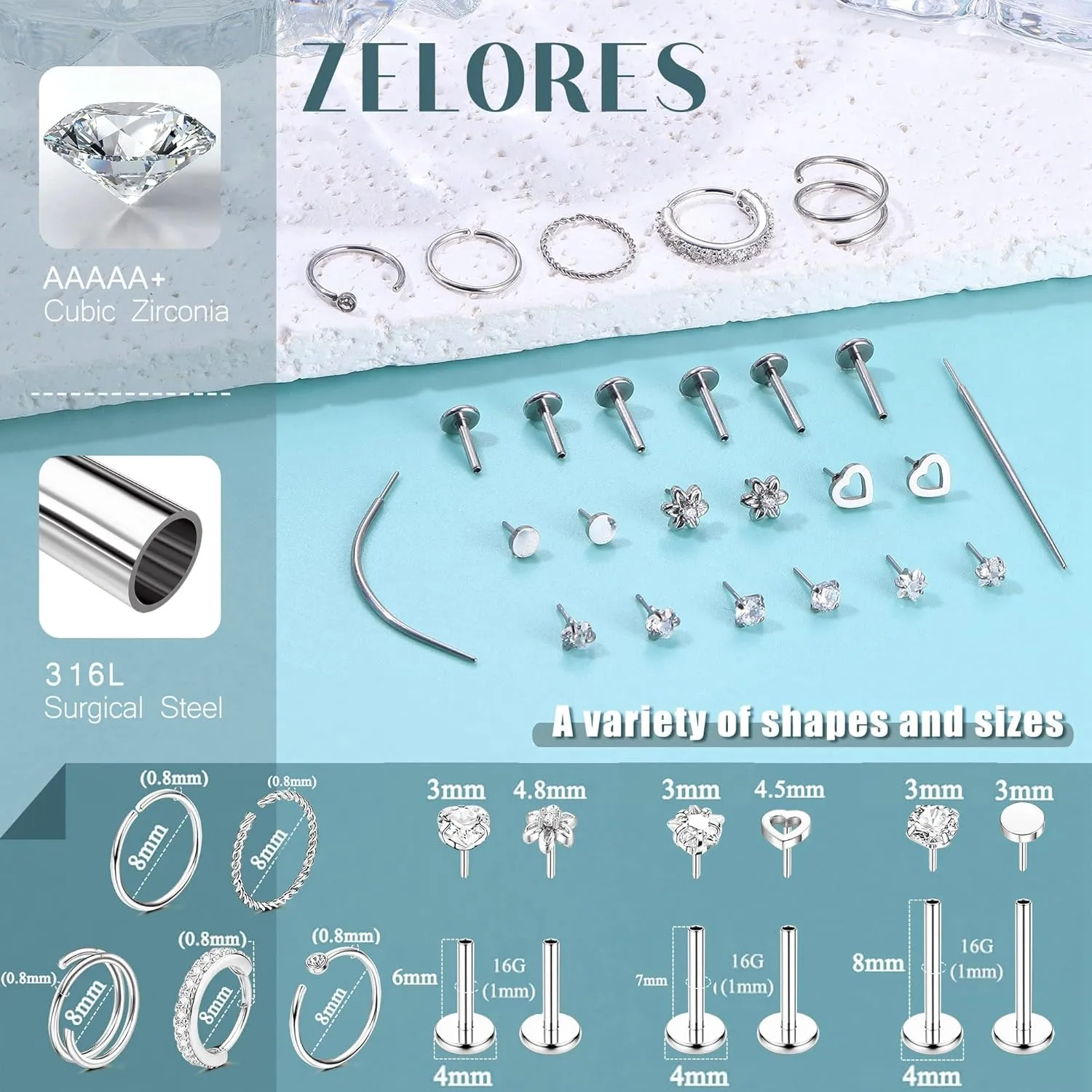 Threadless Gold Nose Rings Studs For Women Men Surgical Steel CZ Nose Rings Hoops Flat Back Cartilage Stud Earrings Push in Helix Tragus Nose Piercing Jewelry 20G 18G