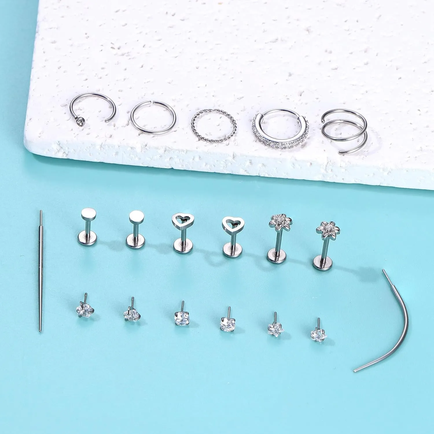 Threadless Gold Nose Rings Studs For Women Men Surgical Steel CZ Nose Rings Hoops Flat Back Cartilage Stud Earrings Push in Helix Tragus Nose Piercing Jewelry 20G 18G