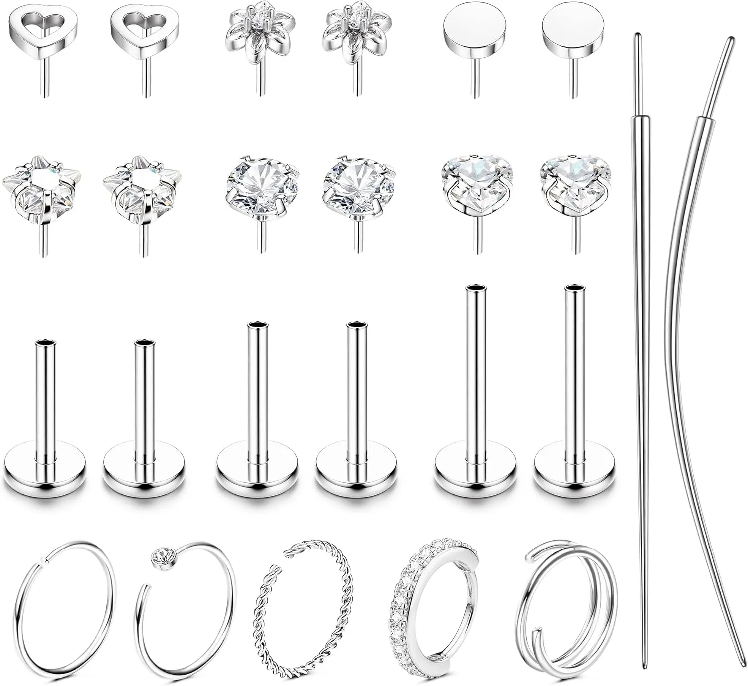 Threadless Gold Nose Rings Studs For Women Men Surgical Steel CZ Nose Rings Hoops Flat Back Cartilage Stud Earrings Push in Helix Tragus Nose Piercing Jewelry 20G 18G