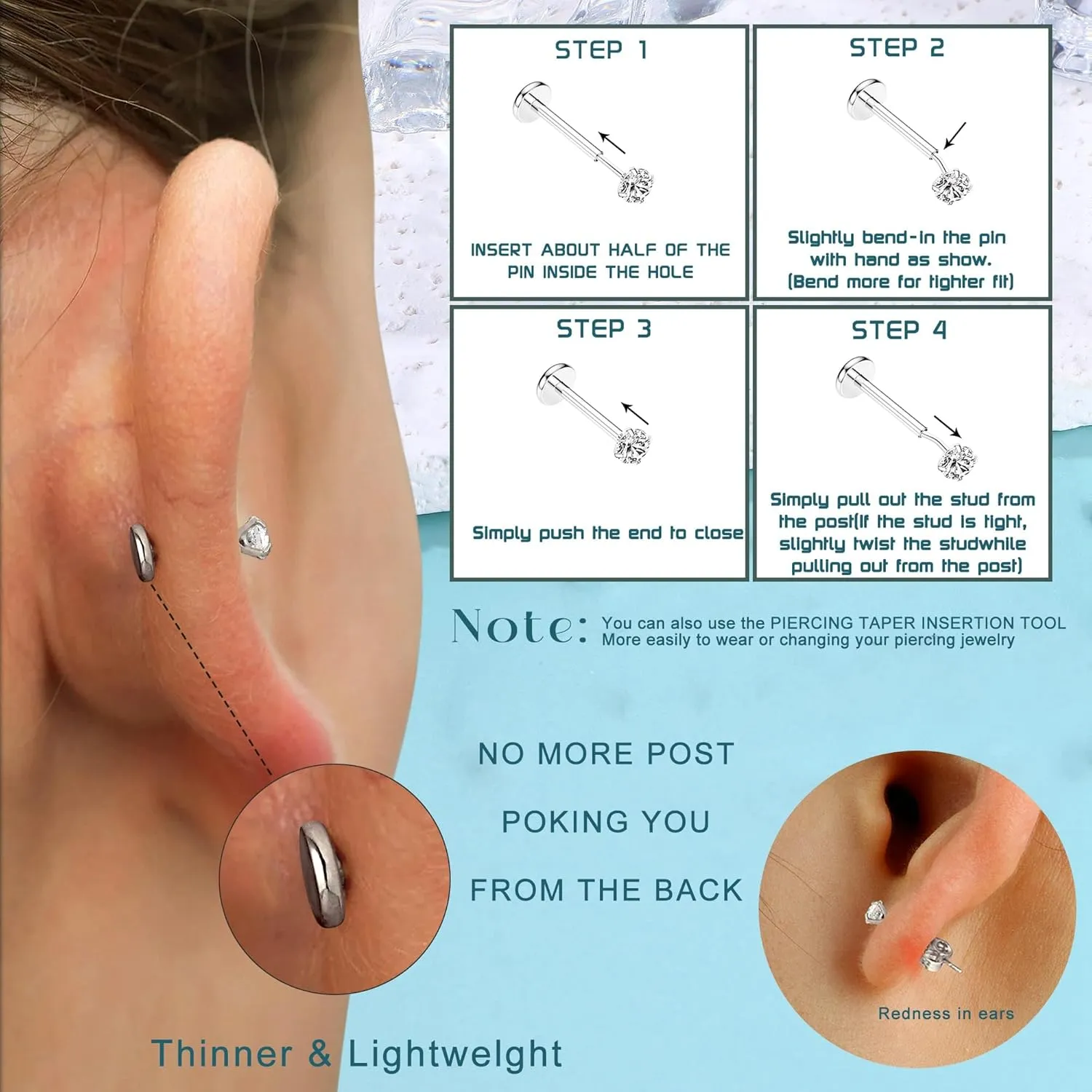 Threadless Nose Rings Studs For Women Men Hypoallergenic Surgical Steel CZ Nose Rings Hoops 14K Gold Plated Push in Flat Back Cartilage Earrings Conch Helix Tragus Nose Piercing Jewelry