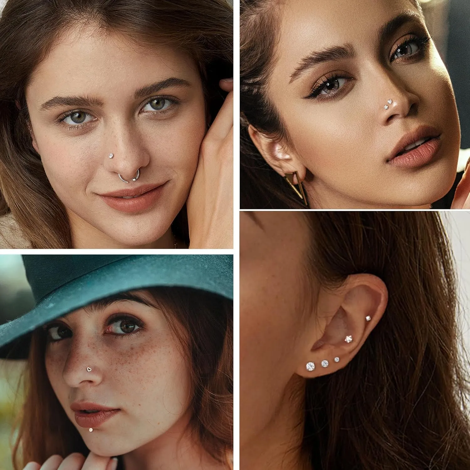 Threadless Nose Rings Studs For Women Men Hypoallergenic Surgical Steel CZ Nose Rings Hoops 14K Gold Plated Push in Flat Back Cartilage Earrings Conch Helix Tragus Nose Piercing Jewelry