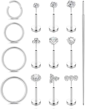 Threadless Nose Rings Studs For Women Men Hypoallergenic Surgical Steel CZ Nose Rings Hoops 14K Gold Plated Push in Flat Back Cartilage Earrings Conch Helix Tragus Nose Piercing Jewelry