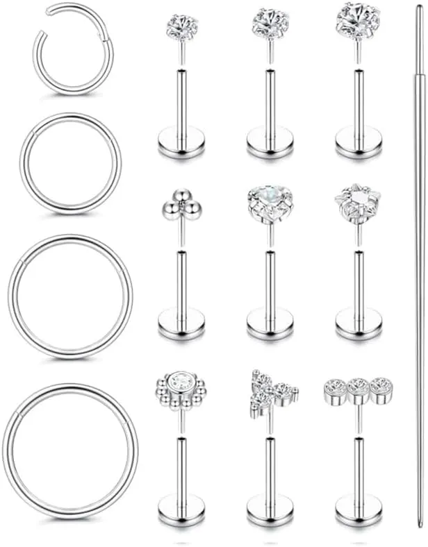 Threadless Nose Rings Studs For Women Men Hypoallergenic Surgical Steel CZ Nose Rings Hoops 14K Gold Plated Push in Flat Back Cartilage Earrings Conch Helix Tragus Nose Piercing Jewelry