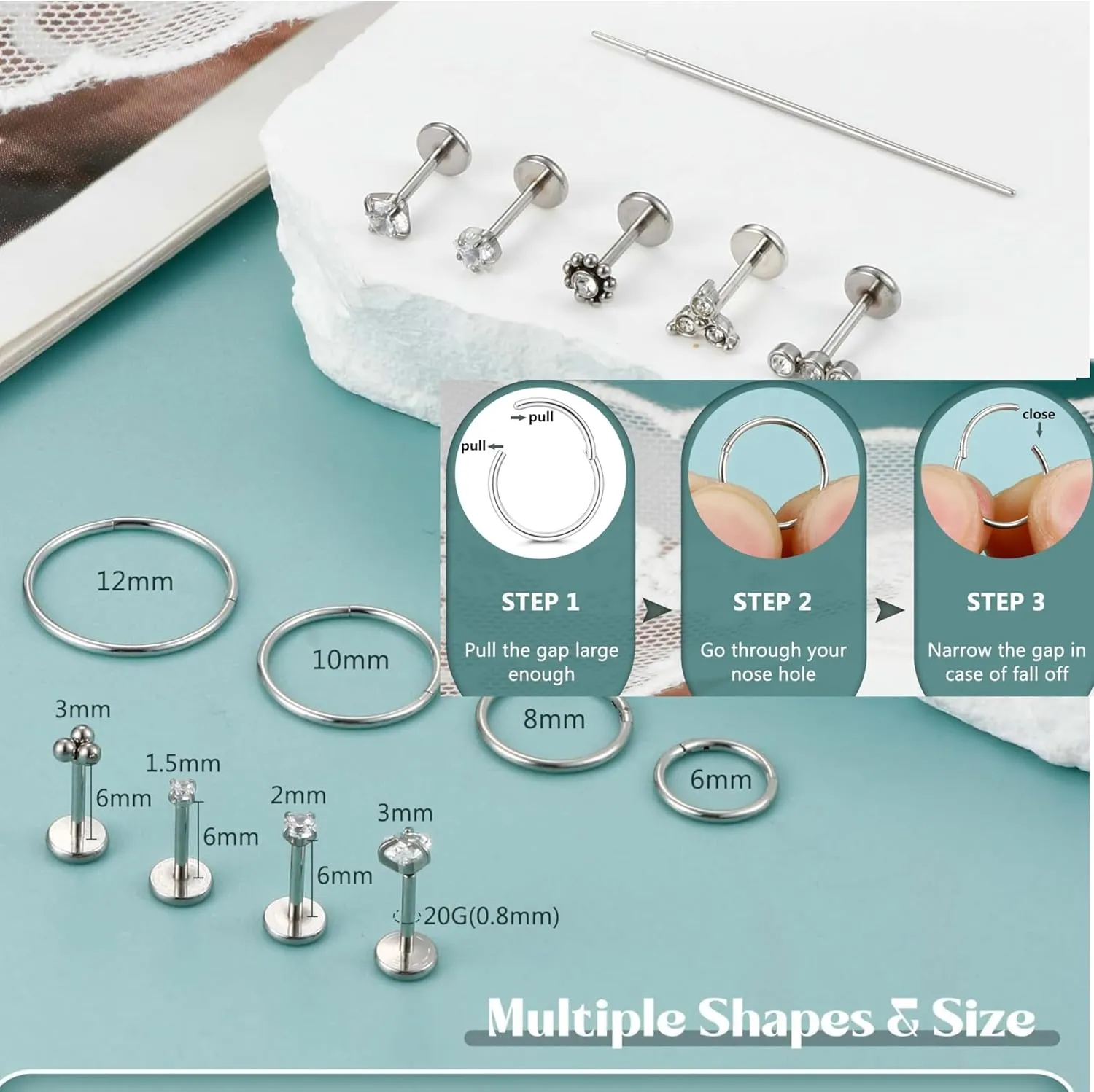 Threadless Nose Rings Studs For Women Men Hypoallergenic Surgical Steel CZ Nose Rings Hoops 14K Gold Plated Push in Flat Back Cartilage Earrings Conch Helix Tragus Nose Piercing Jewelry