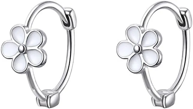 Tiny Daisy Hoop Earrings for Women Hypoallergenic Silver Plated Cute White Flower Cartilage Tragus Huggie Hoops Earring Delicate Birthday Holiday Party Wedding Jewelry