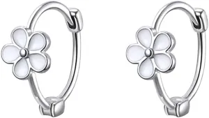 Tiny Daisy Hoop Earrings for Women Hypoallergenic Silver Plated Cute White Flower Cartilage Tragus Huggie Hoops Earring Delicate Birthday Holiday Party Wedding Jewelry
