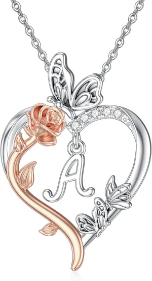 TOUPOP Rose Heart Necklaces Gifts for Women 925 Sterling Silver Butterfly Heart Initial Necklace Anniversary Birthday Christmas Jewelry Gifts for Mom Her Wife Girlfriend Daughter
