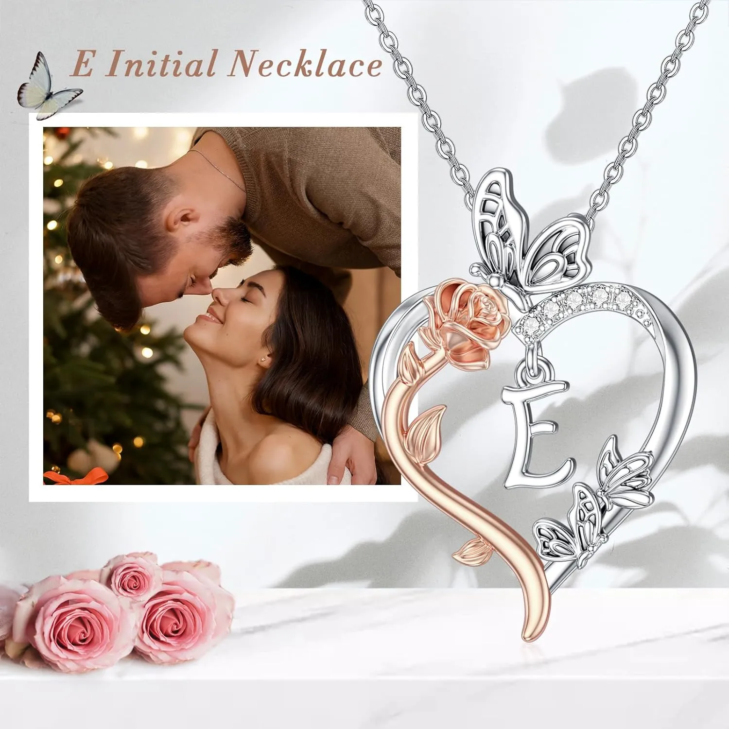 TOUPOP Rose Heart Necklaces Gifts for Women 925 Sterling Silver Butterfly Heart Initial Necklace Anniversary Birthday Christmas Jewelry Gifts for Mom Her Wife Girlfriend Daughter