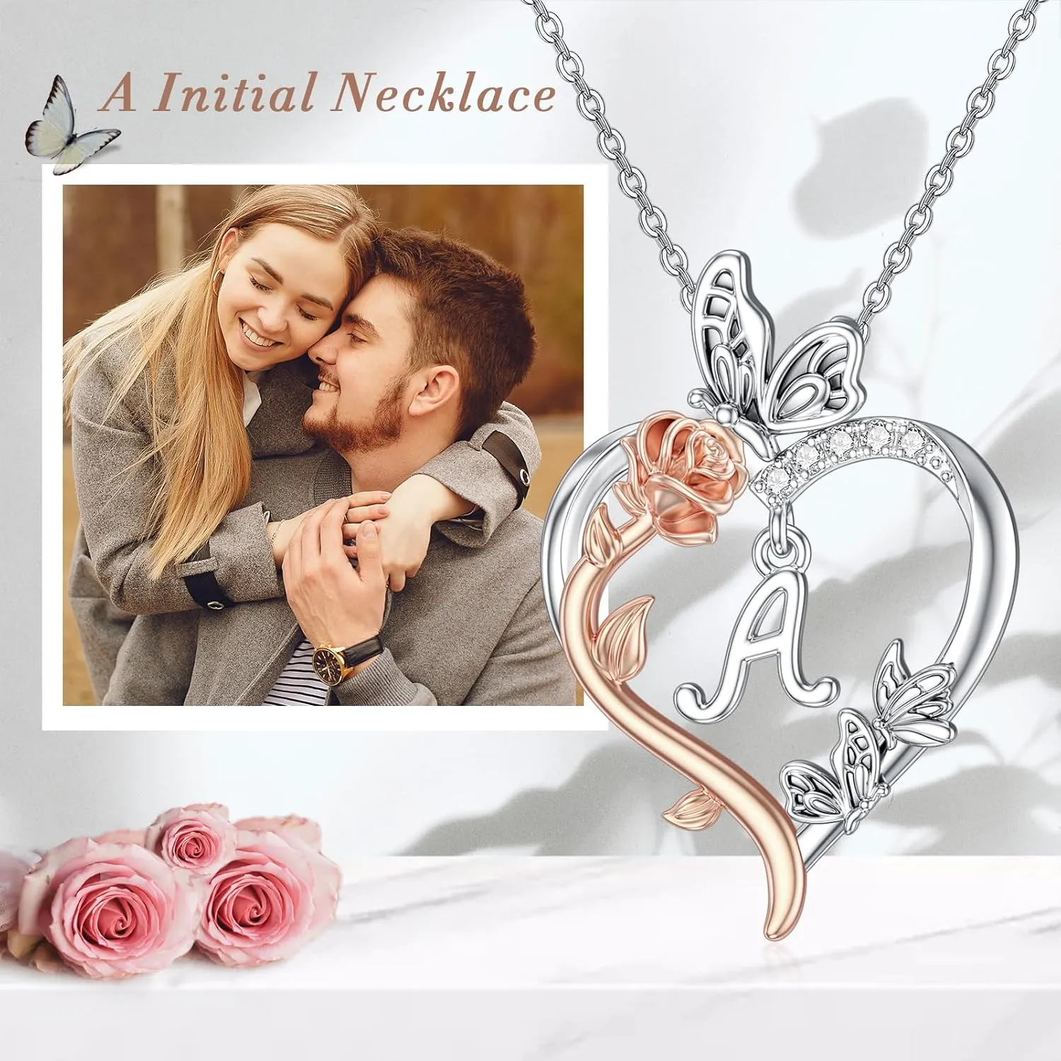TOUPOP Rose Heart Necklaces Gifts for Women 925 Sterling Silver Butterfly Heart Initial Necklace Anniversary Birthday Christmas Jewelry Gifts for Mom Her Wife Girlfriend Daughter