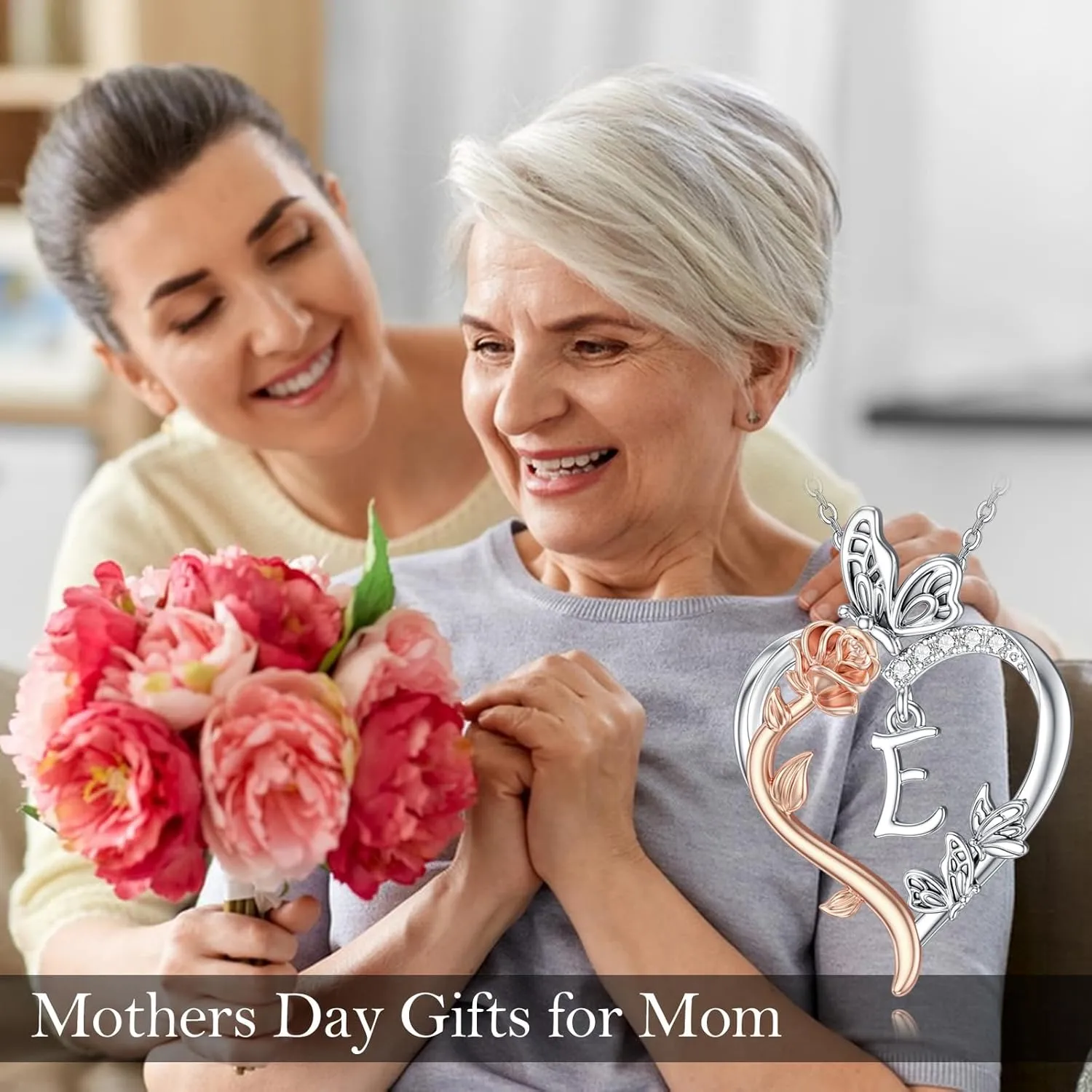 TOUPOP Rose Heart Necklaces Gifts for Women 925 Sterling Silver Butterfly Heart Initial Necklace Anniversary Birthday Christmas Jewelry Gifts for Mom Her Wife Girlfriend Daughter