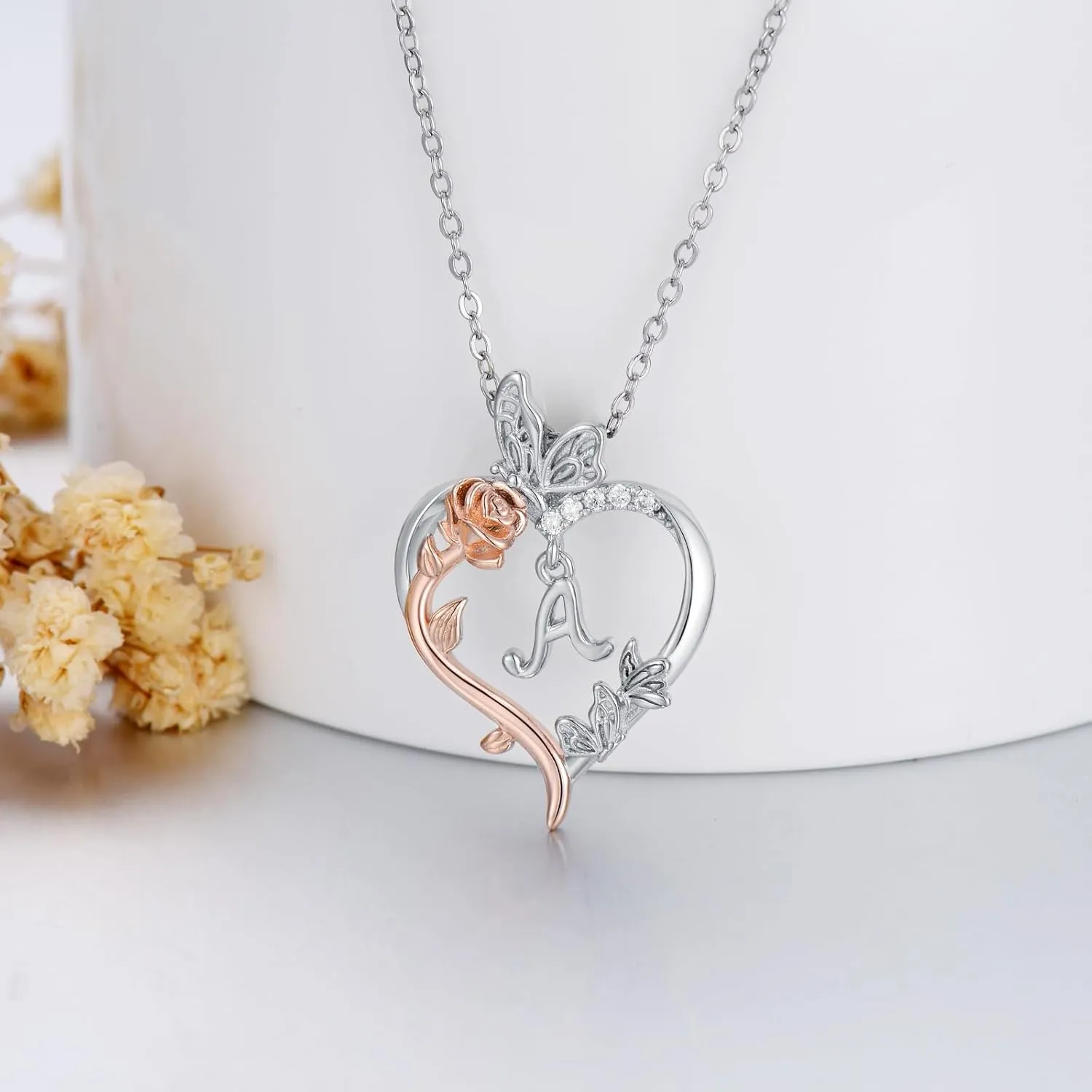 TOUPOP Rose Heart Necklaces Gifts for Women 925 Sterling Silver Butterfly Heart Initial Necklace Anniversary Birthday Christmas Jewelry Gifts for Mom Her Wife Girlfriend Daughter