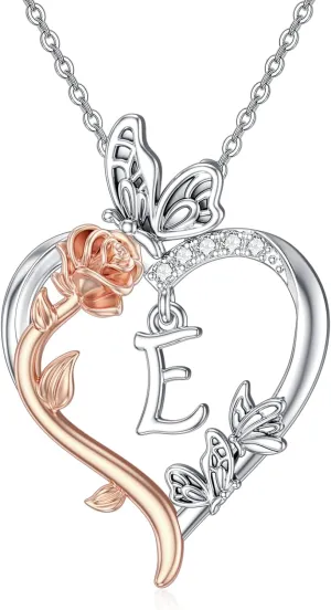 TOUPOP Rose Heart Necklaces Gifts for Women 925 Sterling Silver Butterfly Heart Initial Necklace Anniversary Birthday Christmas Jewelry Gifts for Mom Her Wife Girlfriend Daughter