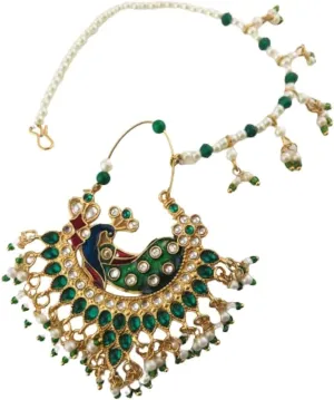 Traditional Rajsthani Nath/Nose Ring/Nose Pin/Nathiya/Nathani with piercing Gold Plated Nath Clip Nose Ring Minkari with beads chain For Women