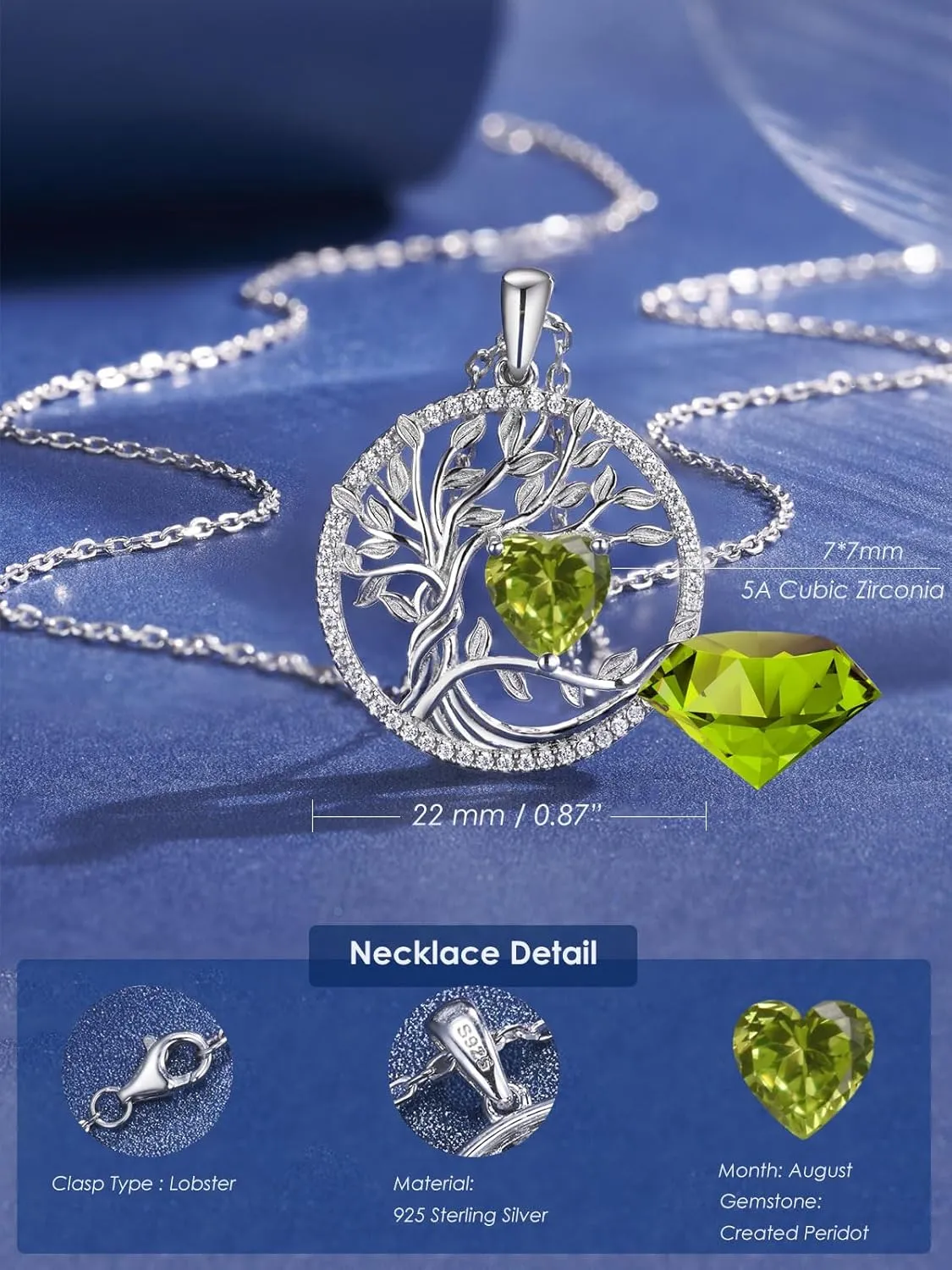 Tree of Life Necklaces 925 Sterling Silver Birthstone Necklace Heart Gemstone 18K White Gold Plated Mothers Day Fine Jewerly Gifts for Women Mothers, Adjustable Chain 18 2 Inches