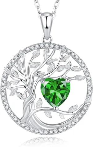 Tree of Life Necklaces 925 Sterling Silver Birthstone Necklace Heart Gemstone 18K White Gold Plated Mothers Day Fine Jewerly Gifts for Women Mothers, Adjustable Chain 18 2 Inches