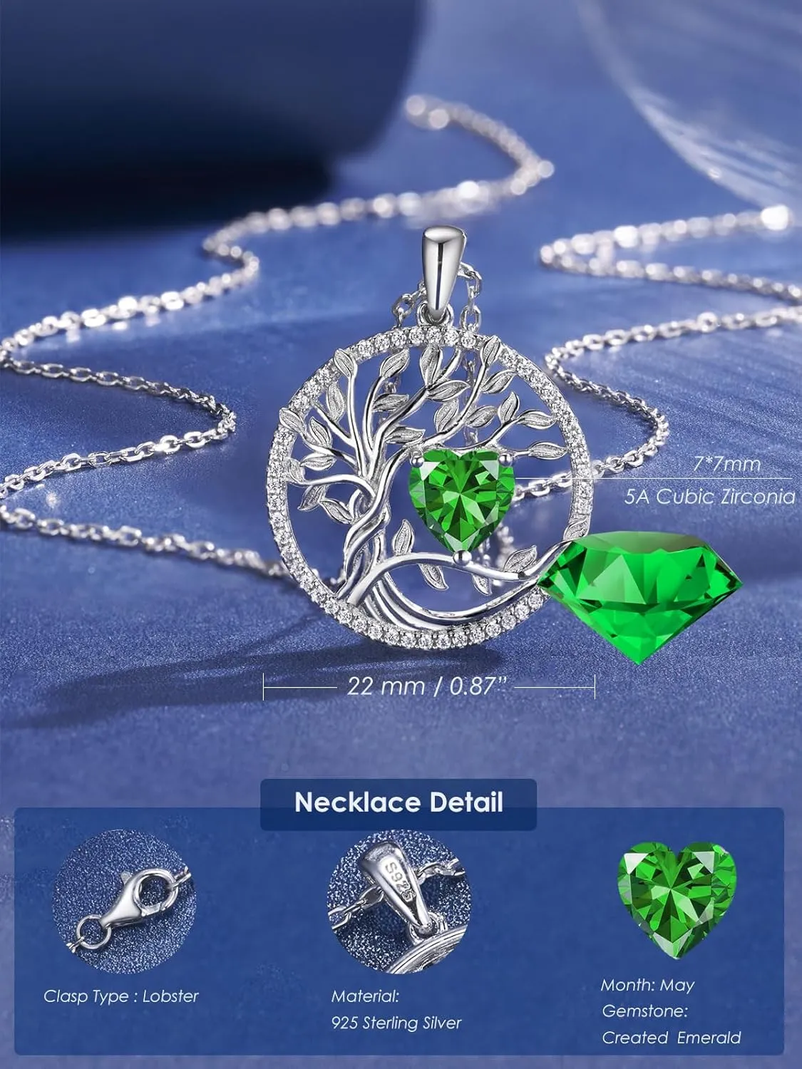 Tree of Life Necklaces 925 Sterling Silver Birthstone Necklace Heart Gemstone 18K White Gold Plated Mothers Day Fine Jewerly Gifts for Women Mothers, Adjustable Chain 18 2 Inches