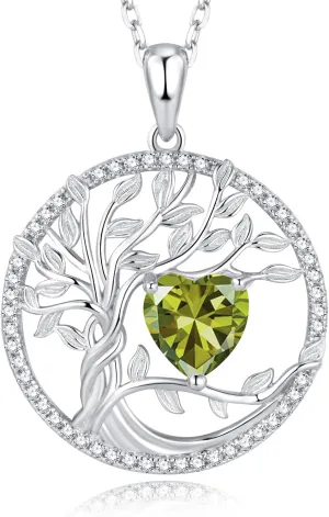 Tree of Life Necklaces 925 Sterling Silver Birthstone Necklace Heart Gemstone 18K White Gold Plated Mothers Day Fine Jewerly Gifts for Women Mothers, Adjustable Chain 18 2 Inches