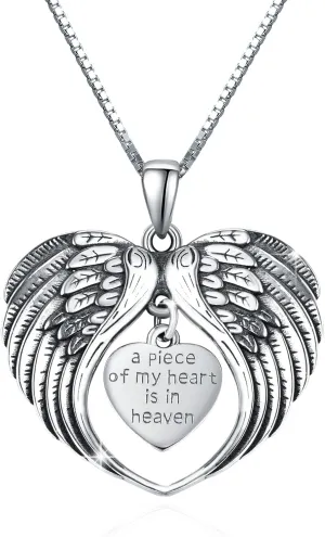 TUGHRA Angel Wing Necklaces 925 Sterling Silver Keepsake Necklace Heart Charm Memorial Pendant A Piece of My Heart Is In Heaven Pendant Necklace for Women