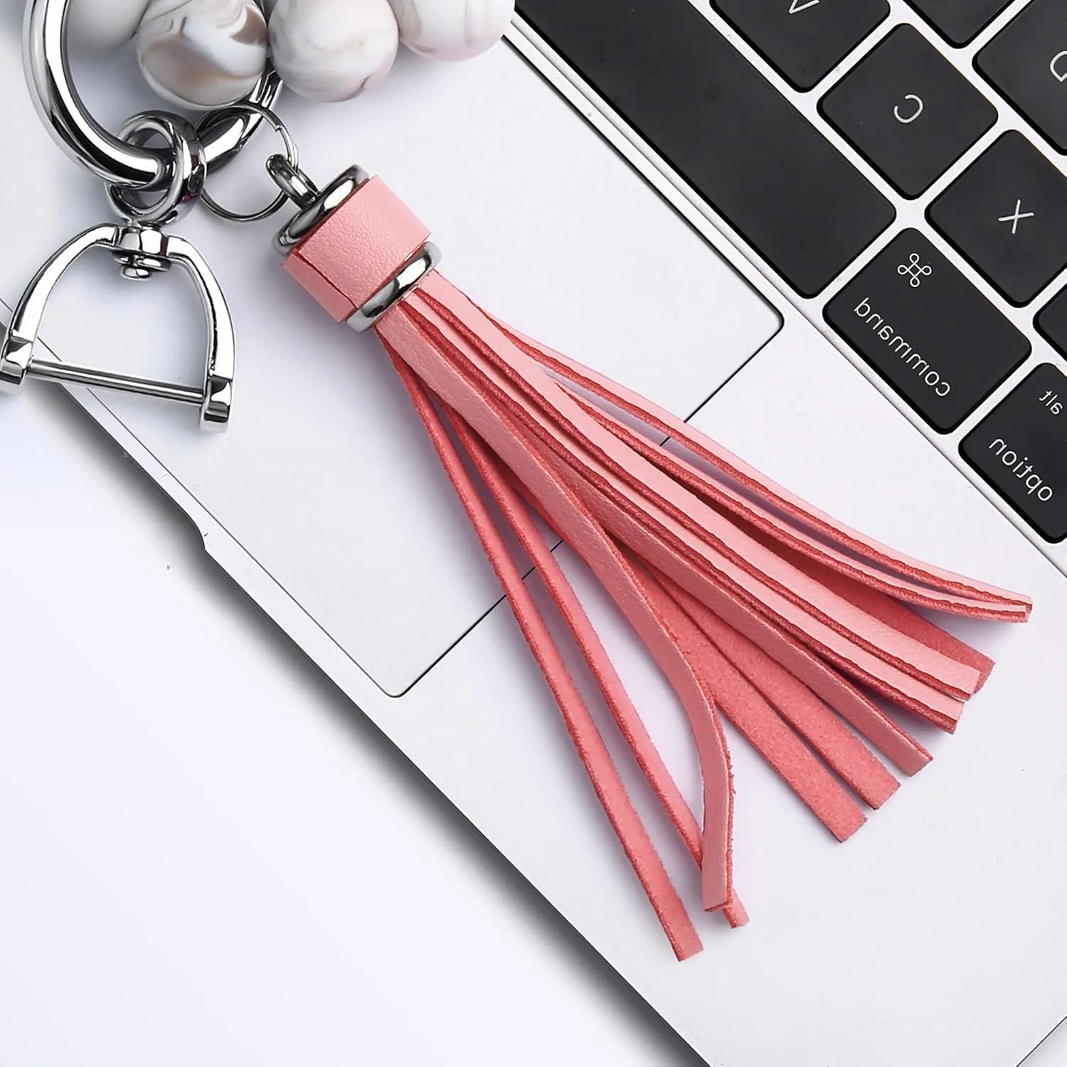 Tukellen Wristlet Keychain Silicone Bracelet With Car Keychian, Women Beaded Bangle Keychain Wristlet Leather Tassel
