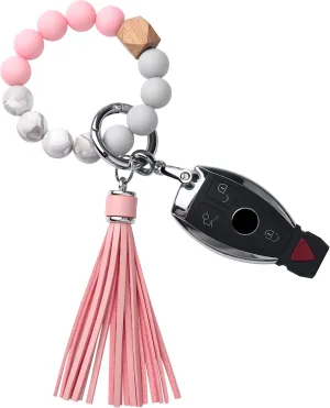 Tukellen Wristlet Keychain Silicone Bracelet With Car Keychian, Women Beaded Bangle Keychain Wristlet Leather Tassel