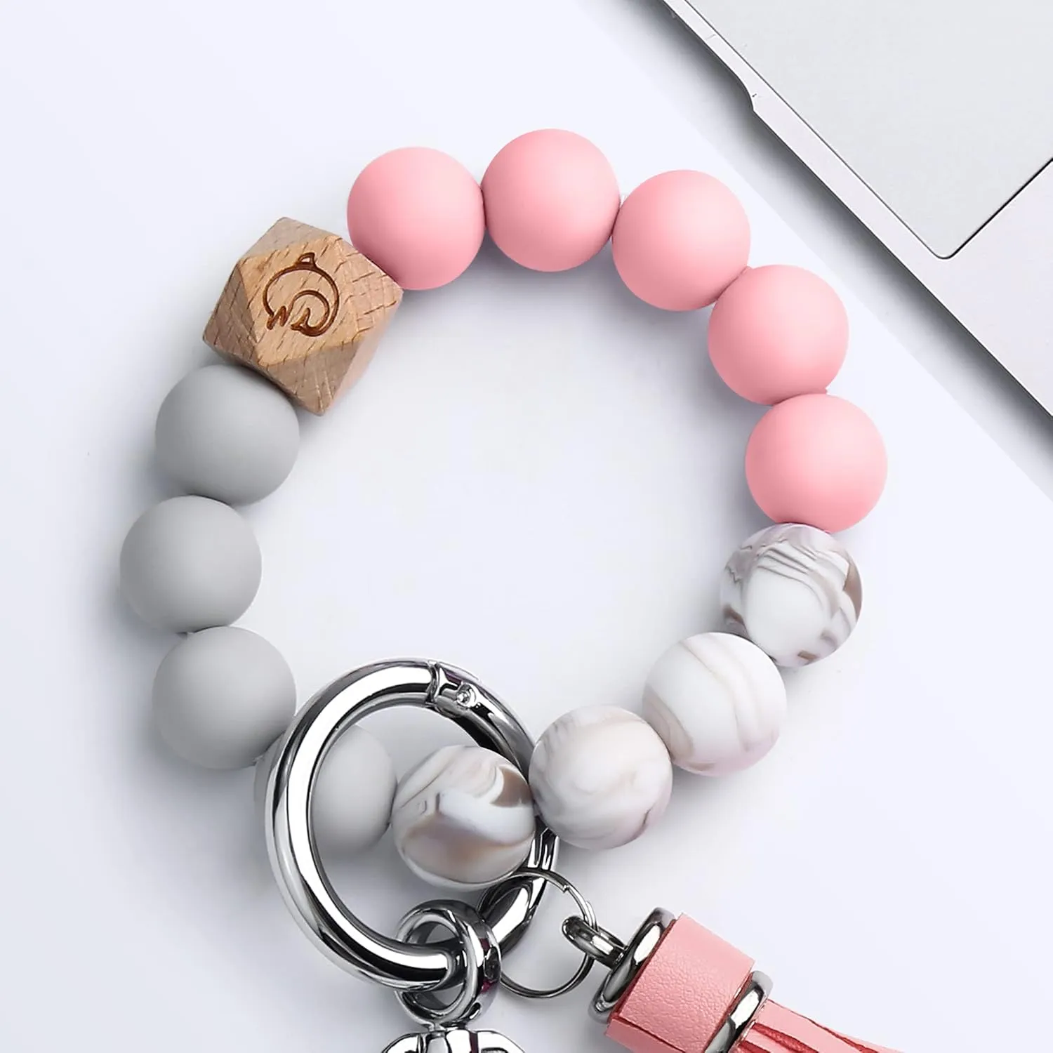 Tukellen Wristlet Keychain Silicone Bracelet With Car Keychian, Women Beaded Bangle Keychain Wristlet Leather Tassel