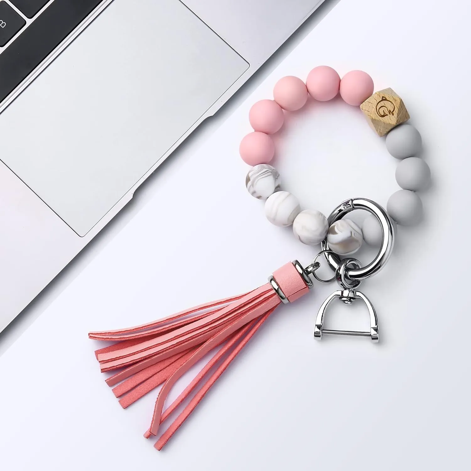 Tukellen Wristlet Keychain Silicone Bracelet With Car Keychian, Women Beaded Bangle Keychain Wristlet Leather Tassel