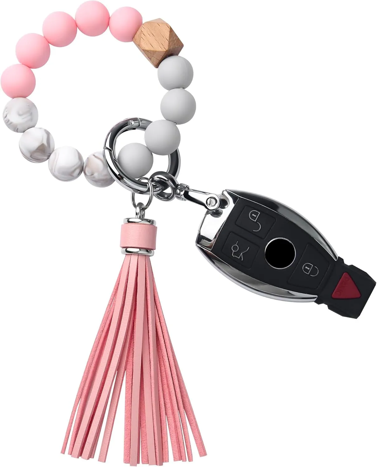 Tukellen Wristlet Keychain Silicone Bracelet With Car Keychian, Women Beaded Bangle Keychain Wristlet Leather Tassel