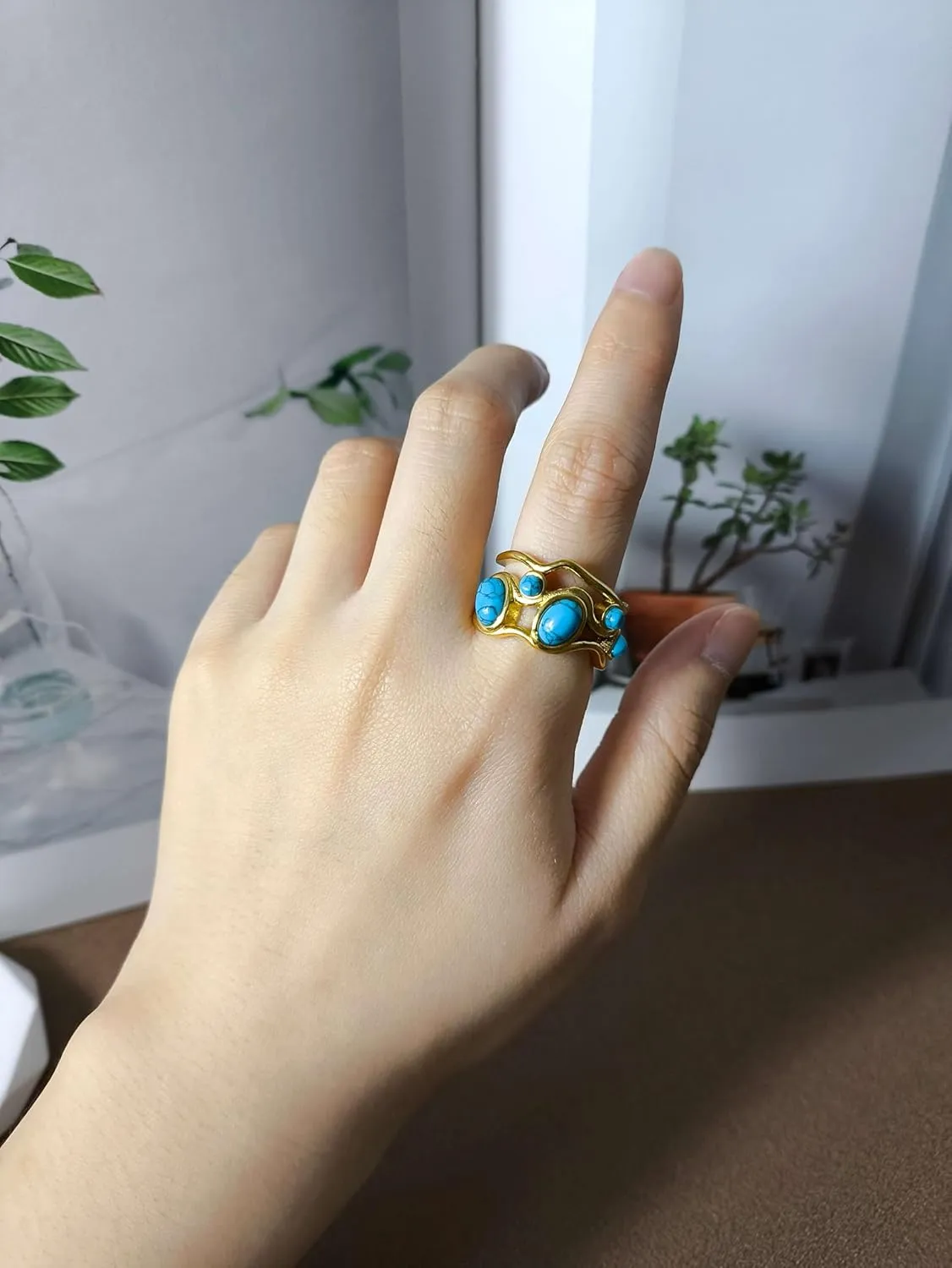 Turquoise Ring, 18K Gold Plated Western Rings for Women, Adjustable Turquoise Ring for Men, Boho Gold Statement Ring for Turquoise Jewelry (Statement)