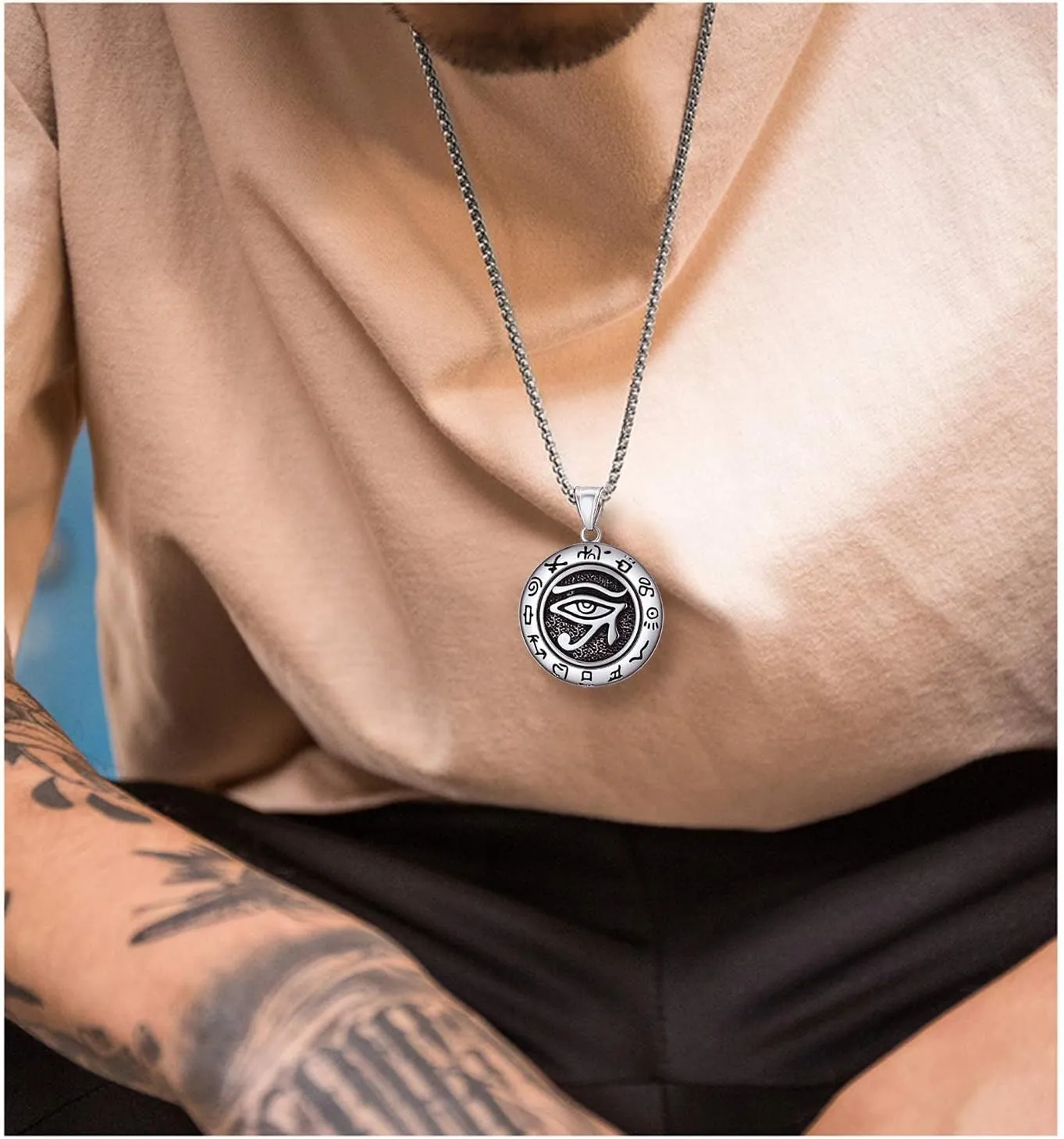 U7 Horus Necklaces for Men Women, Stainless Steel/Black/Gold Plated Ankh Cross Egyptian Symbol Jewelry, Eye of Horrus Pendant with 22 Inch Chain