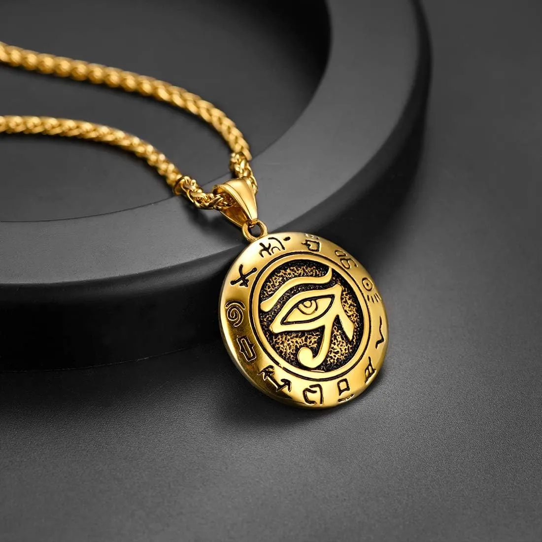 U7 Horus Necklaces for Men Women, Stainless Steel/Black/Gold Plated Ankh Cross Egyptian Symbol Jewelry, Eye of Horrus Pendant with 22 Inch Chain