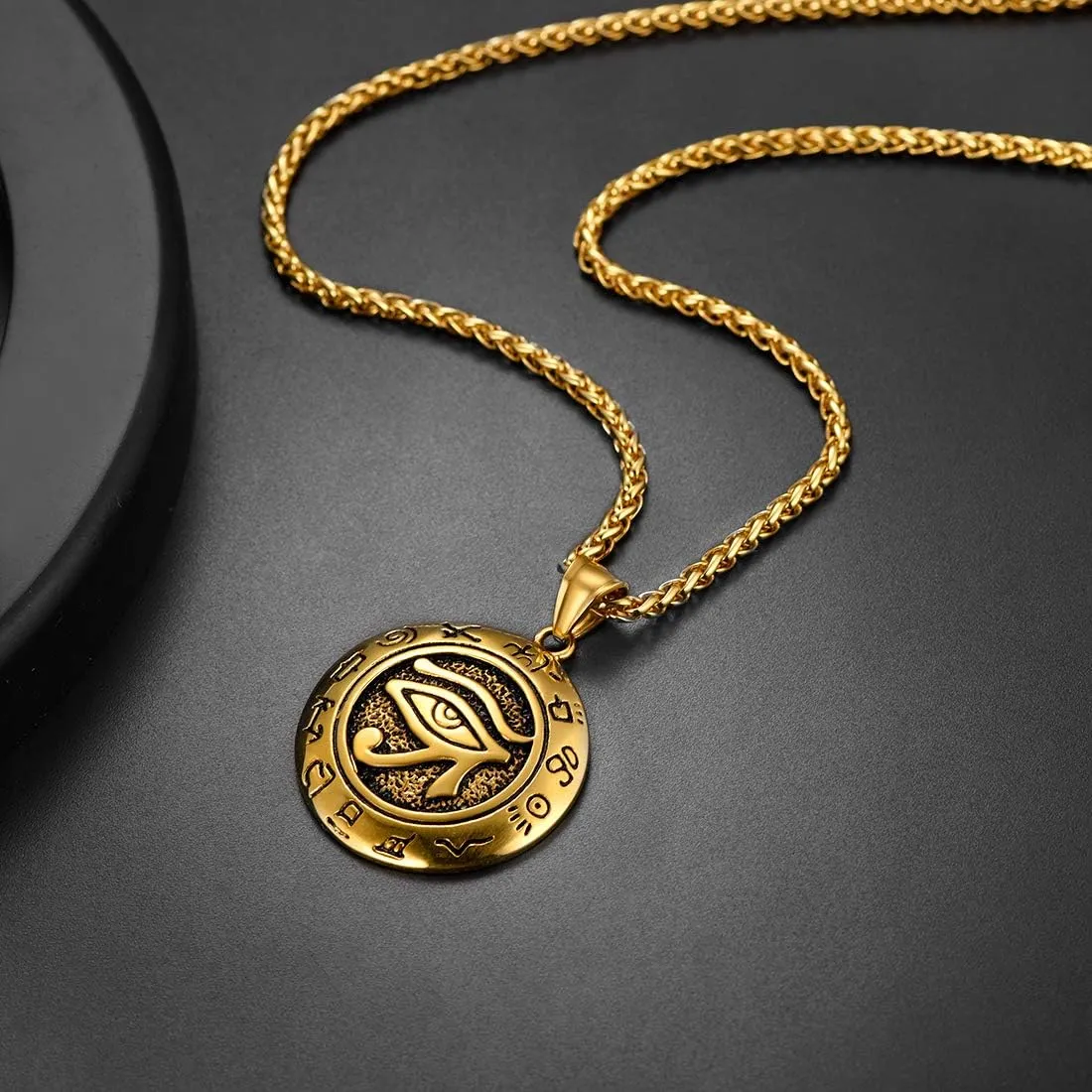 U7 Horus Necklaces for Men Women, Stainless Steel/Black/Gold Plated Ankh Cross Egyptian Symbol Jewelry, Eye of Horrus Pendant with 22 Inch Chain