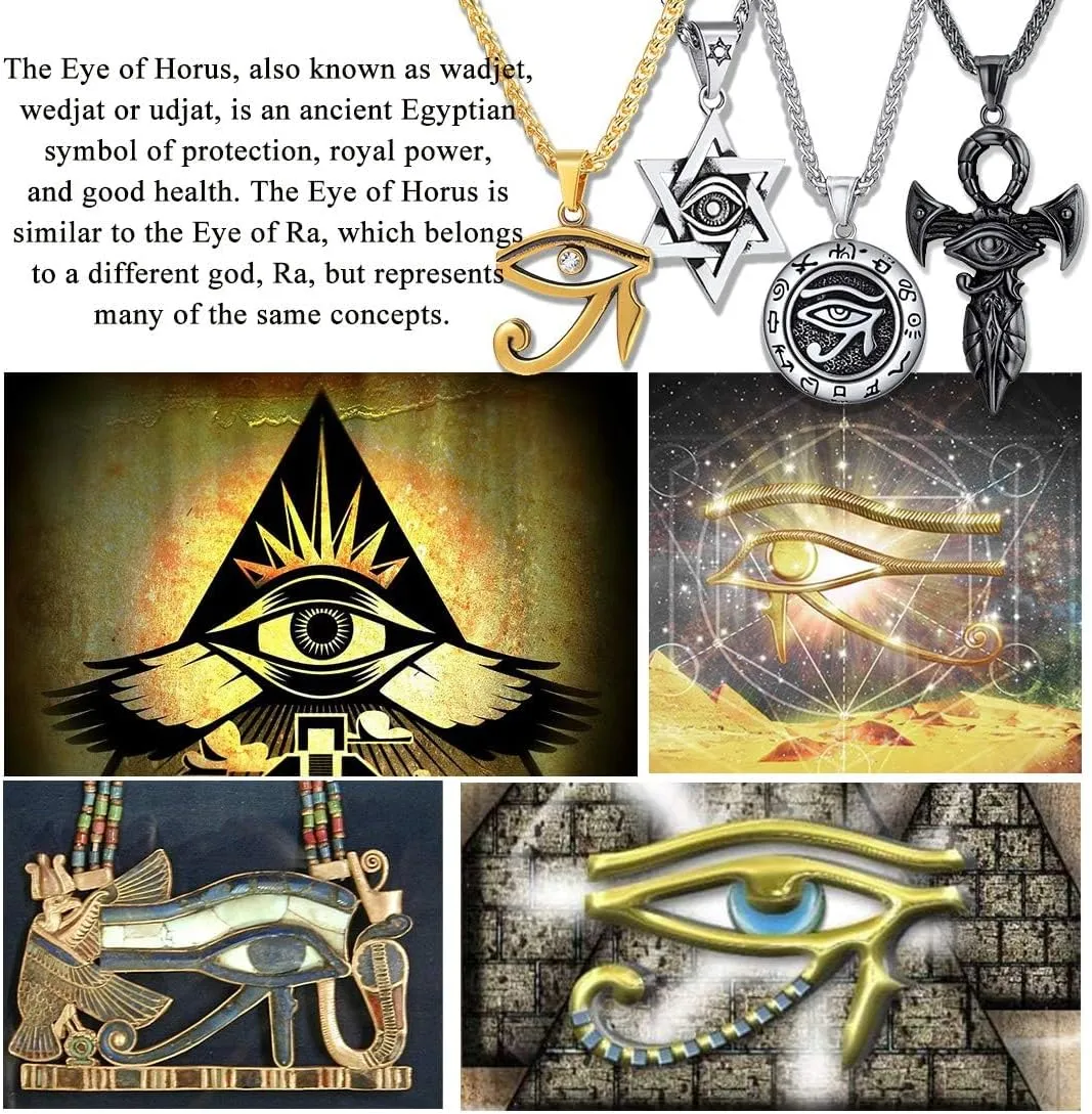 U7 Horus Necklaces for Men Women, Stainless Steel/Black/Gold Plated Ankh Cross Egyptian Symbol Jewelry, Eye of Horrus Pendant with 22 Inch Chain