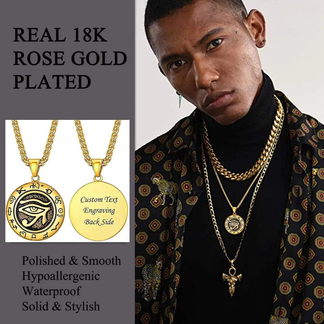 U7 Horus Necklaces for Men Women, Stainless Steel/Black/Gold Plated Ankh Cross Egyptian Symbol Jewelry, Eye of Horrus Pendant with 22 Inch Chain
