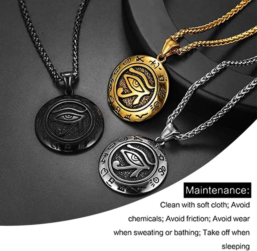 U7 Horus Necklaces for Men Women, Stainless Steel/Black/Gold Plated Ankh Cross Egyptian Symbol Jewelry, Eye of Horrus Pendant with 22 Inch Chain