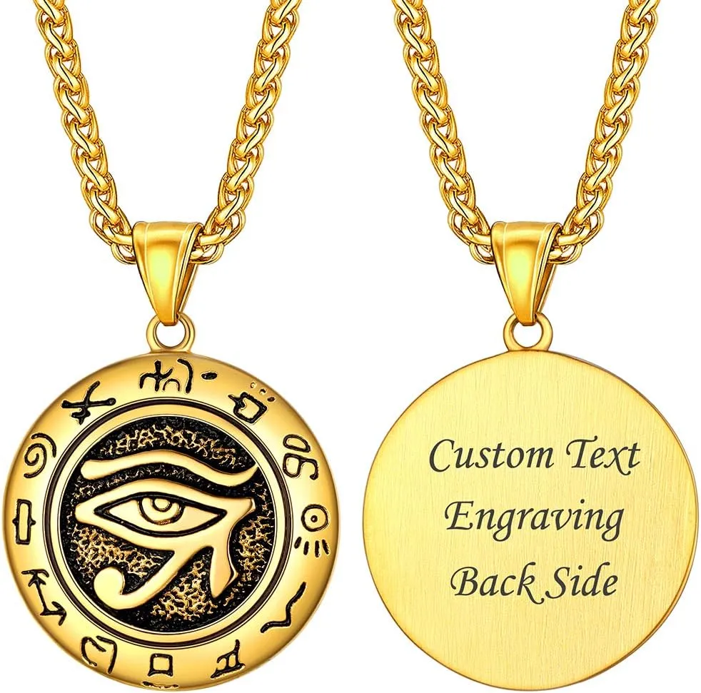 U7 Horus Necklaces for Men Women, Stainless Steel/Black/Gold Plated Ankh Cross Egyptian Symbol Jewelry, Eye of Horrus Pendant with 22 Inch Chain