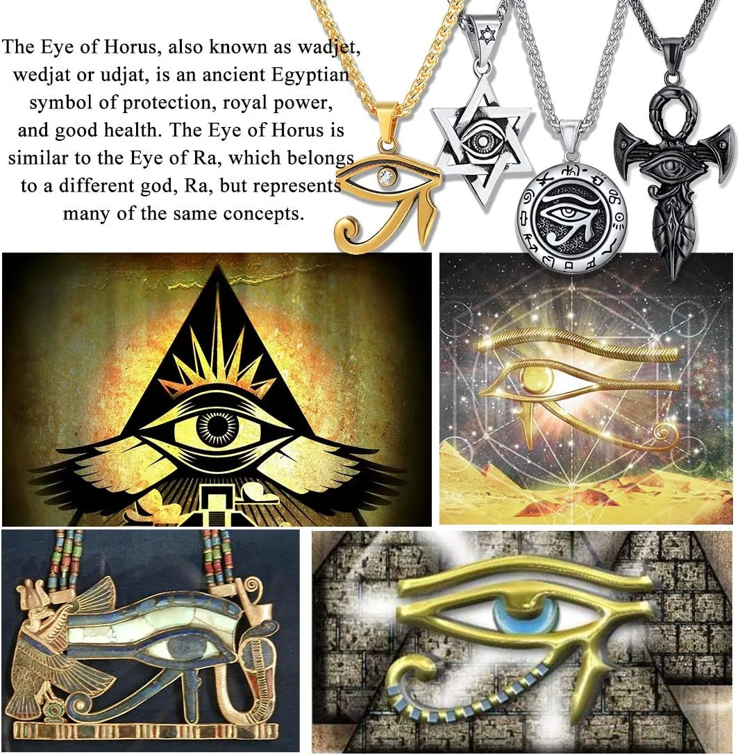 U7 Horus Necklaces for Men Women, Stainless Steel/Black/Gold Plated Ankh Cross Egyptian Symbol Jewelry, Eye of Horrus Pendant with 22 Inch Chain