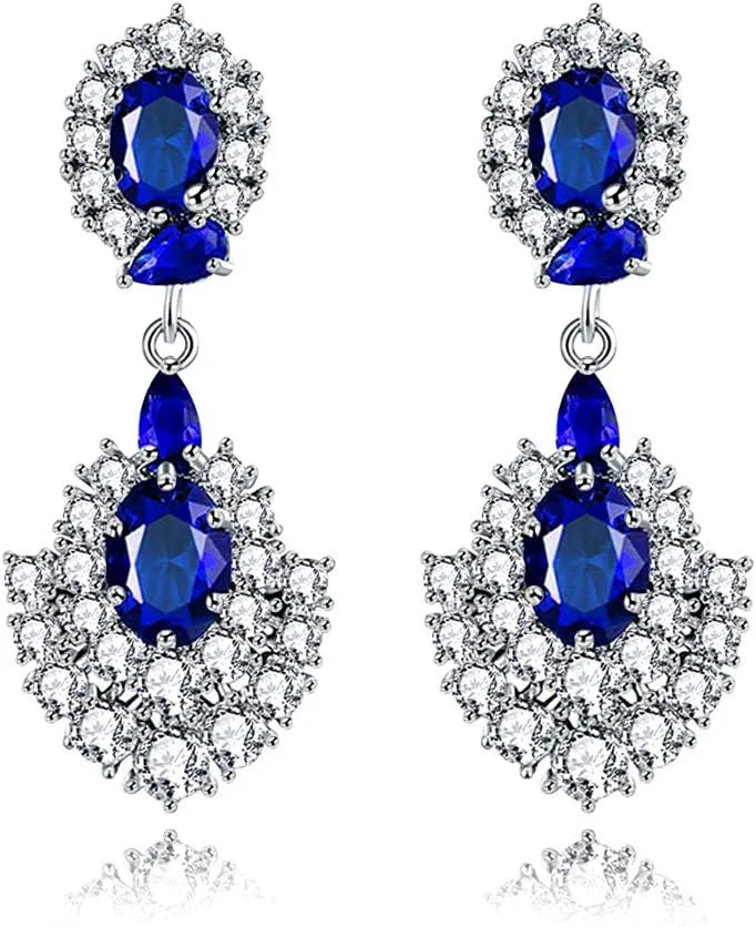 Uloveido Luxury Exaggerated Simulated Oval Sapphire Stud Drop Dangle Female Long Infinity Earrings Y488