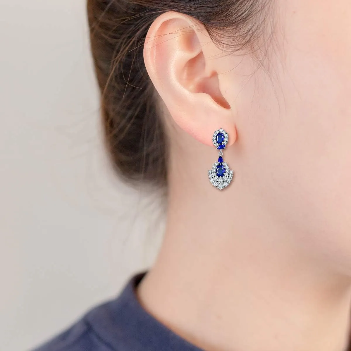 Uloveido Luxury Exaggerated Simulated Oval Sapphire Stud Drop Dangle Female Long Infinity Earrings Y488