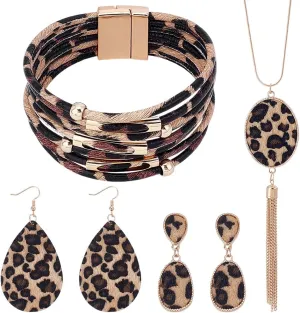 UNICRAFTALE Bohemia Leopard Jewelry Set Leopard Print Necklace Multilayer Leather Wrap Bracelets Teardrop Leather Earrings Trapezoid Earrings for Women Cosplay Party Costume