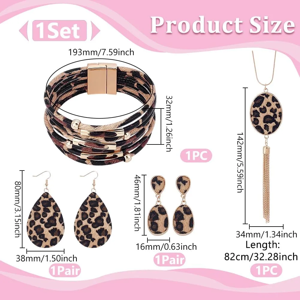 UNICRAFTALE Bohemia Leopard Jewelry Set Leopard Print Necklace Multilayer Leather Wrap Bracelets Teardrop Leather Earrings Trapezoid Earrings for Women Cosplay Party Costume