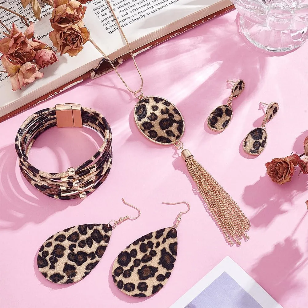 UNICRAFTALE Bohemia Leopard Jewelry Set Leopard Print Necklace Multilayer Leather Wrap Bracelets Teardrop Leather Earrings Trapezoid Earrings for Women Cosplay Party Costume