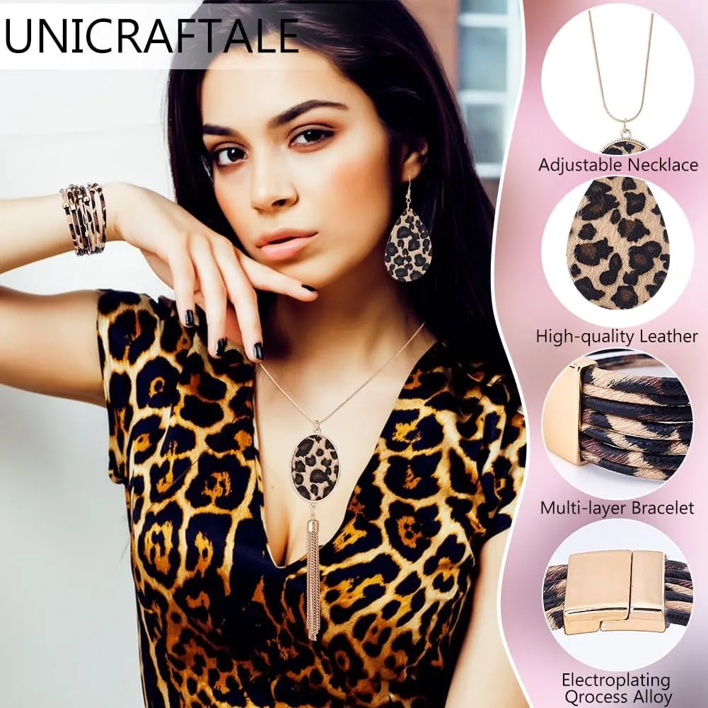 UNICRAFTALE Bohemia Leopard Jewelry Set Leopard Print Necklace Multilayer Leather Wrap Bracelets Teardrop Leather Earrings Trapezoid Earrings for Women Cosplay Party Costume