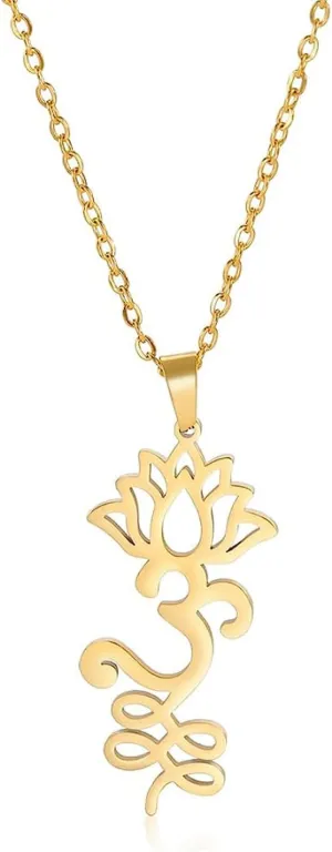 UNIFT Lotus Flower Om Necklace for Women Stainless Steel Chic Aum Om Ohm Lotus Flower Pendant Necklace Hindu Meditation Jewelry Gift