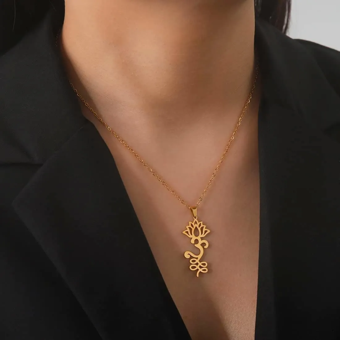 UNIFT Lotus Flower Om Necklace for Women Stainless Steel Chic Aum Om Ohm Lotus Flower Pendant Necklace Hindu Meditation Jewelry Gift